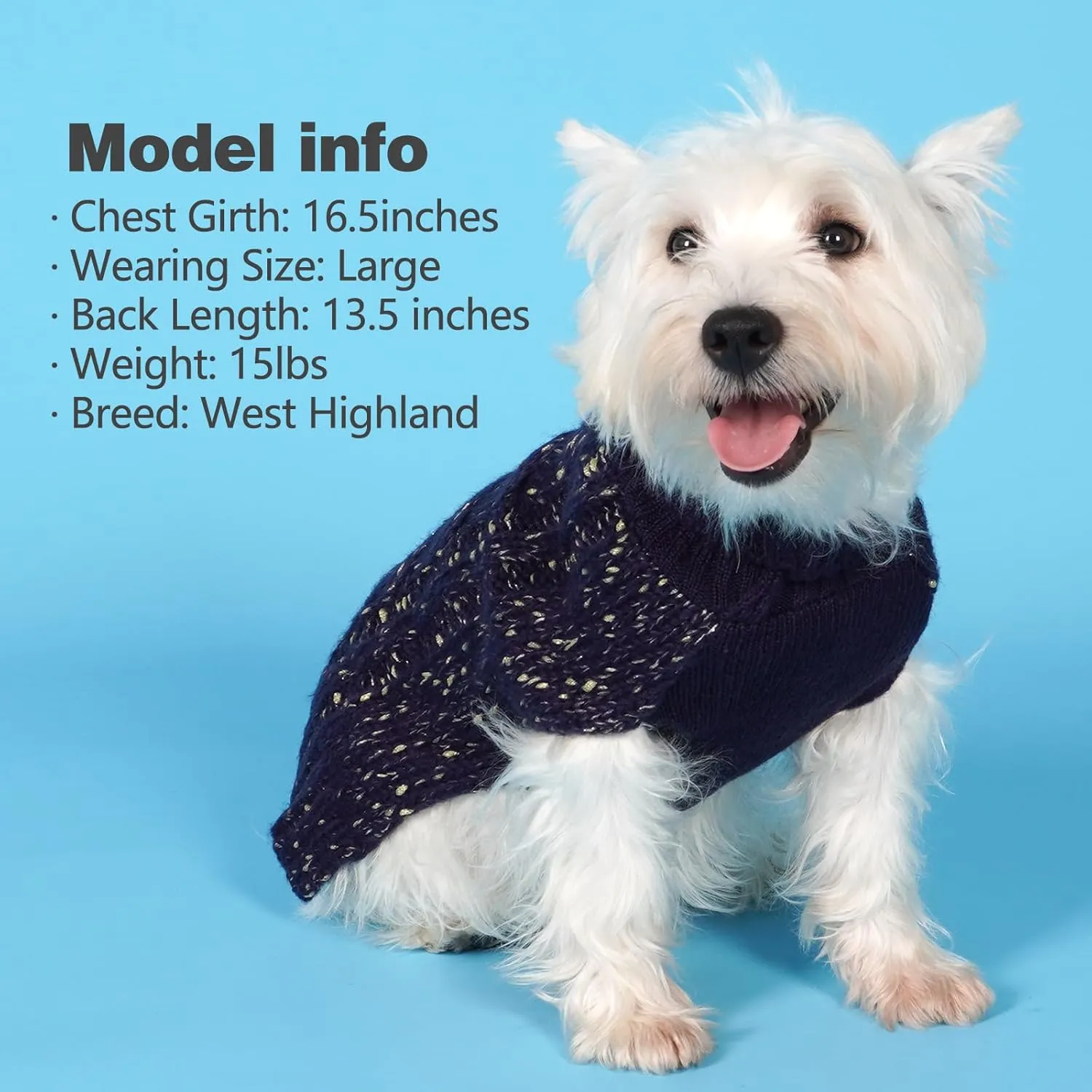 KYEESE Dog Sweater Pullover Dog Clothes Pullover Winter Dog Coat Turtleneck Knitwear Sweater with Golden Yarn for Small Dog, Navy Blue, Medium