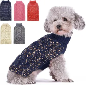 KYEESE Dog Sweater Pullover Dog Clothes Pullover Winter Dog Coat Turtleneck Knitwear Sweater with Golden Yarn for Small Dog, Navy Blue, Medium