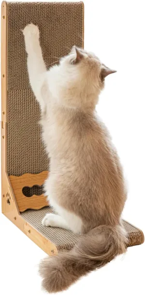 L Shape Cardboard Cat Scratcher, Quick Assemble Scratching Pads for Indoor Cats, 23.6 Inch Vertical Cat Scratch Pad with Toy Ball, Natural Color Wood