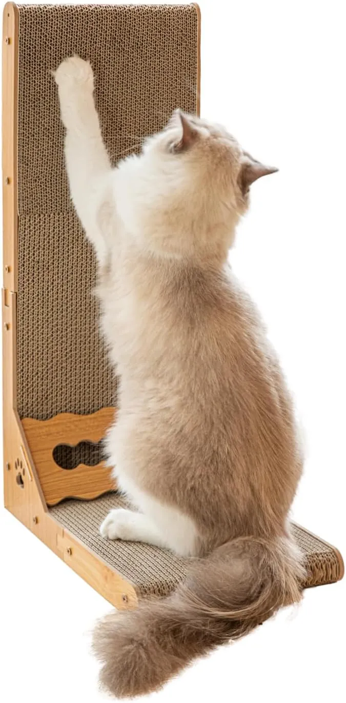L Shape Cardboard Cat Scratcher, Quick Assemble Scratching Pads for Indoor Cats, 23.6 Inch Vertical Cat Scratch Pad with Toy Ball, Natural Color Wood