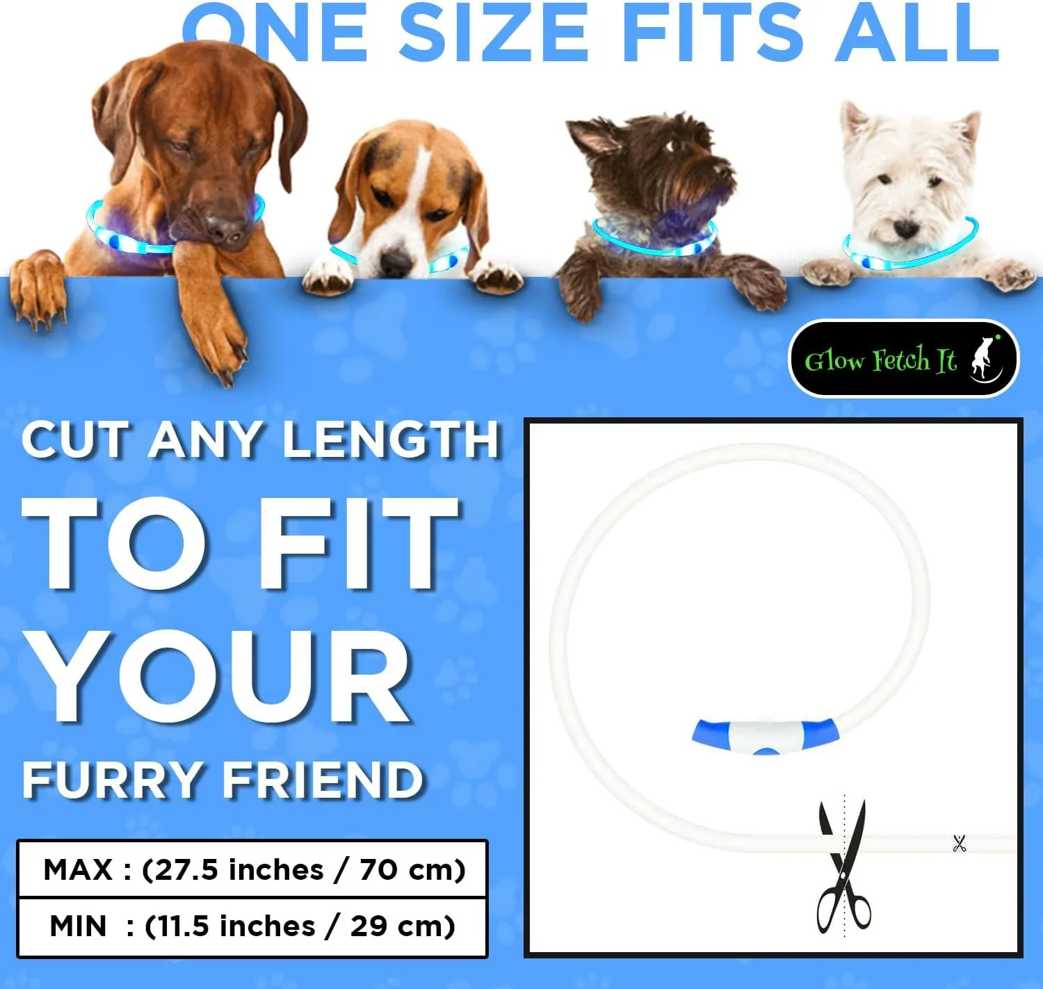 LED Dog Collar, Waterproof Light Up Dog Collar Rechargeable, Dog Safety Necklace for Night Walking, Adjustable Cut-to-Fit Silicone Collar Small Medium Large Dog 27.5 Cuttable (Blue)