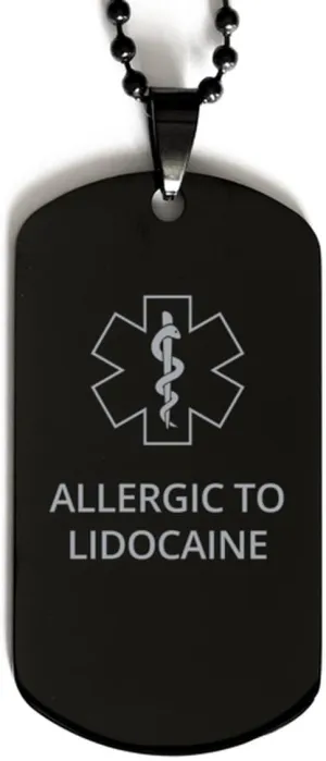 Medical Alert Black Dog Tag, Allergic to Lidocaine Awareness, SOS Emergency Health Life Alert ID Engraved Stainless Steel Chain Necklace For Men Women Kids