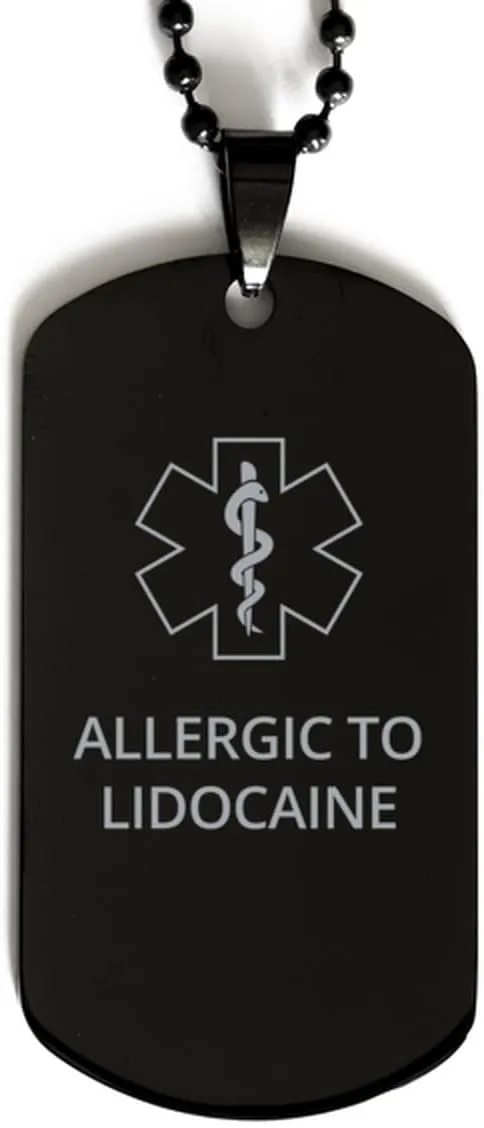 Medical Alert Black Dog Tag, Allergic to Lidocaine Awareness, SOS Emergency Health Life Alert ID Engraved Stainless Steel Chain Necklace For Men Women Kids