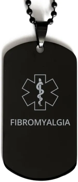 Medical Alert Black Dog Tag, Fibromyalgia Awareness, SOS Emergency Health Life Alert ID Engraved Stainless Steel Chain Necklace For Men Women Kids