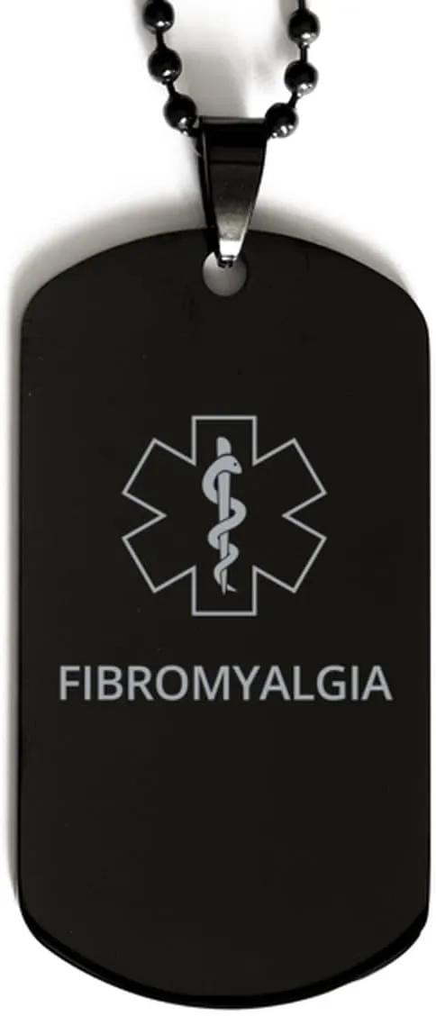 Medical Alert Black Dog Tag, Fibromyalgia Awareness, SOS Emergency Health Life Alert ID Engraved Stainless Steel Chain Necklace For Men Women Kids