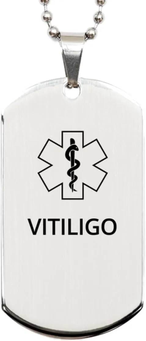 Medical Alert Silver Dog Tag, Vitiligo Awareness, SOS Emergency Health Life Alert ID Engraved Stainless Steel Chain Necklace For Men Women Kids