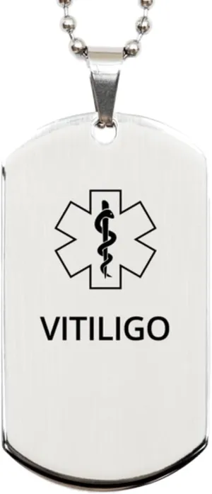 Medical Alert Silver Dog Tag, Vitiligo Awareness, SOS Emergency Health Life Alert ID Engraved Stainless Steel Chain Necklace For Men Women Kids