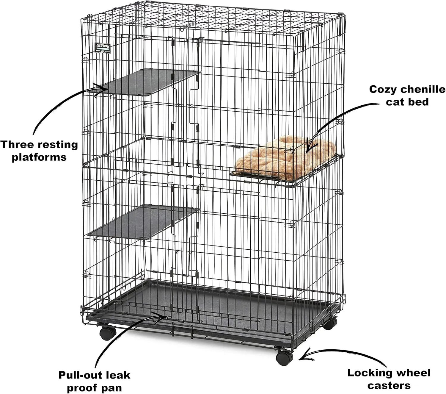 MidWest Homes for Pets Cat Playpen/Cat Cage Includes 3 Adjustable Resting Platforms, Removable Leak-Proof Pan, Easy 2-Door Top/Bottom Access & 4-Locking Wheel Casters