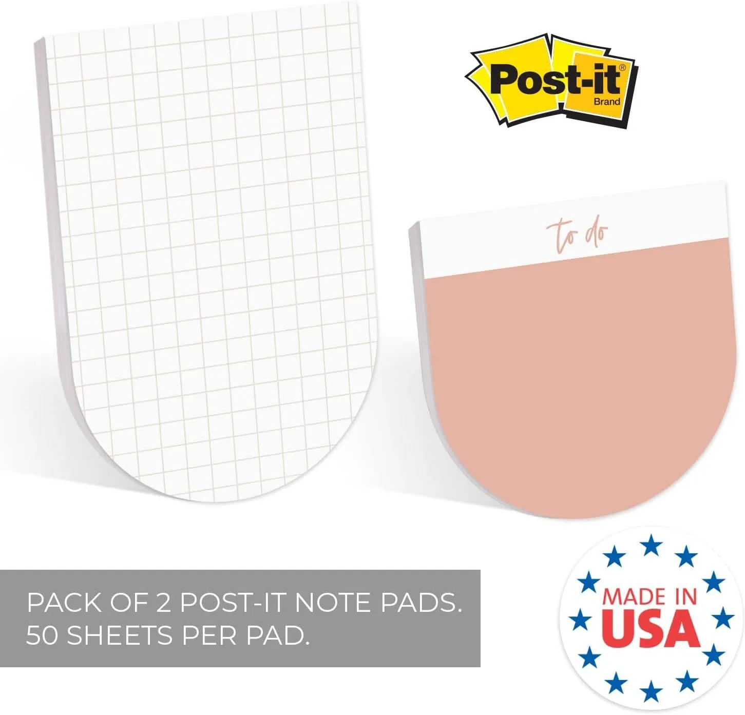 Modern Pink U Shaped Sticky Note Pad Assortment/Set of 2 Rounded Flat Top Stacked Note Pads/Trendy Coral to Do Pads / 50 Sheets Per Pad/Made in USA