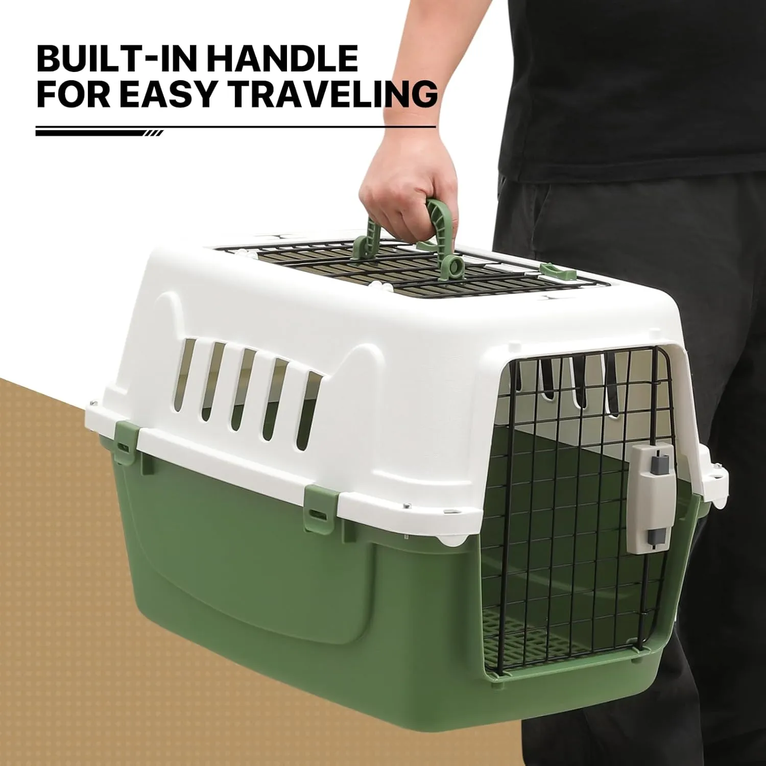 MoNiBloom 22-Inch Dog Crate Plastic 2-Door Top Loading Cat Carrier, Hard-Sided Dog Travel Carrier for Small Dogs and Cats, Ventilation and Security Lock Design for Pets up to 22 lbs (Green)