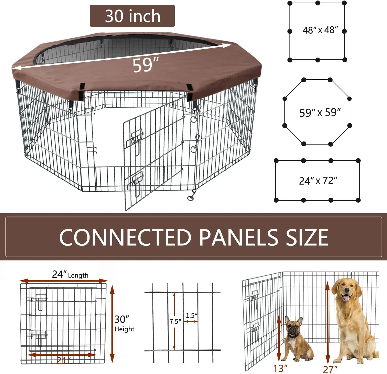 NEZUC Foldable Silver Metal Dog Exercise Playpen Gate Fence Dog Crate 8 Panels 30 Inch Height Puppy Kennels with Top Cover for Animals Outdoor Indoor (with top Cover, 8 Panels 30" H)