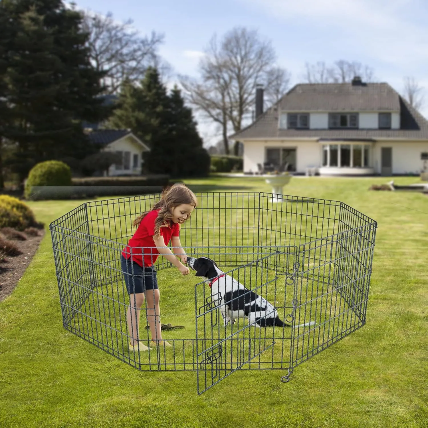 NEZUC Foldable Silver Metal Dog Exercise Playpen Gate Fence Dog Crate 8 Panels 30 Inch Height Puppy Kennels with Top Cover for Animals Outdoor Indoor (with top Cover, 8 Panels 30" H)