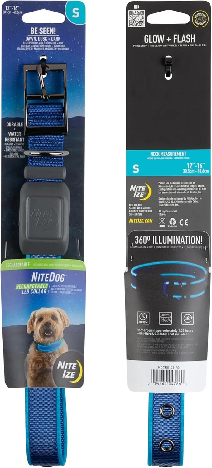 Nite Ize NiteDog Rechargeable LED Collar - Light Up Dog Collar with Durable Metal Buckle - Water-Resistant & Rechargeable Collar - Dog Supplies for Night Activities - Small, Blue