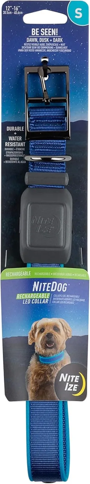 Nite Ize NiteDog Rechargeable LED Collar - Light Up Dog Collar with Durable Metal Buckle - Water-Resistant & Rechargeable Collar - Dog Supplies for Night Activities - Small, Blue