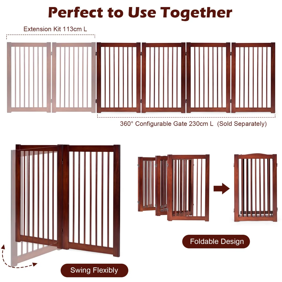 NNECW Wooden Folding Dog Gate with Non-Slip Foot Pads for Pets-2 panel