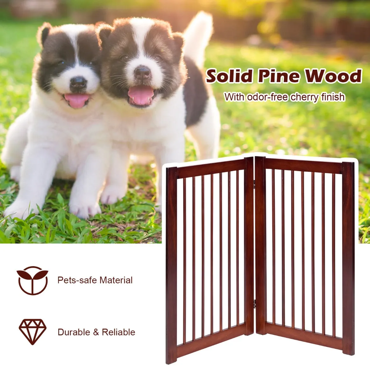 NNECW Wooden Folding Dog Gate with Non-Slip Foot Pads for Pets-2 panel