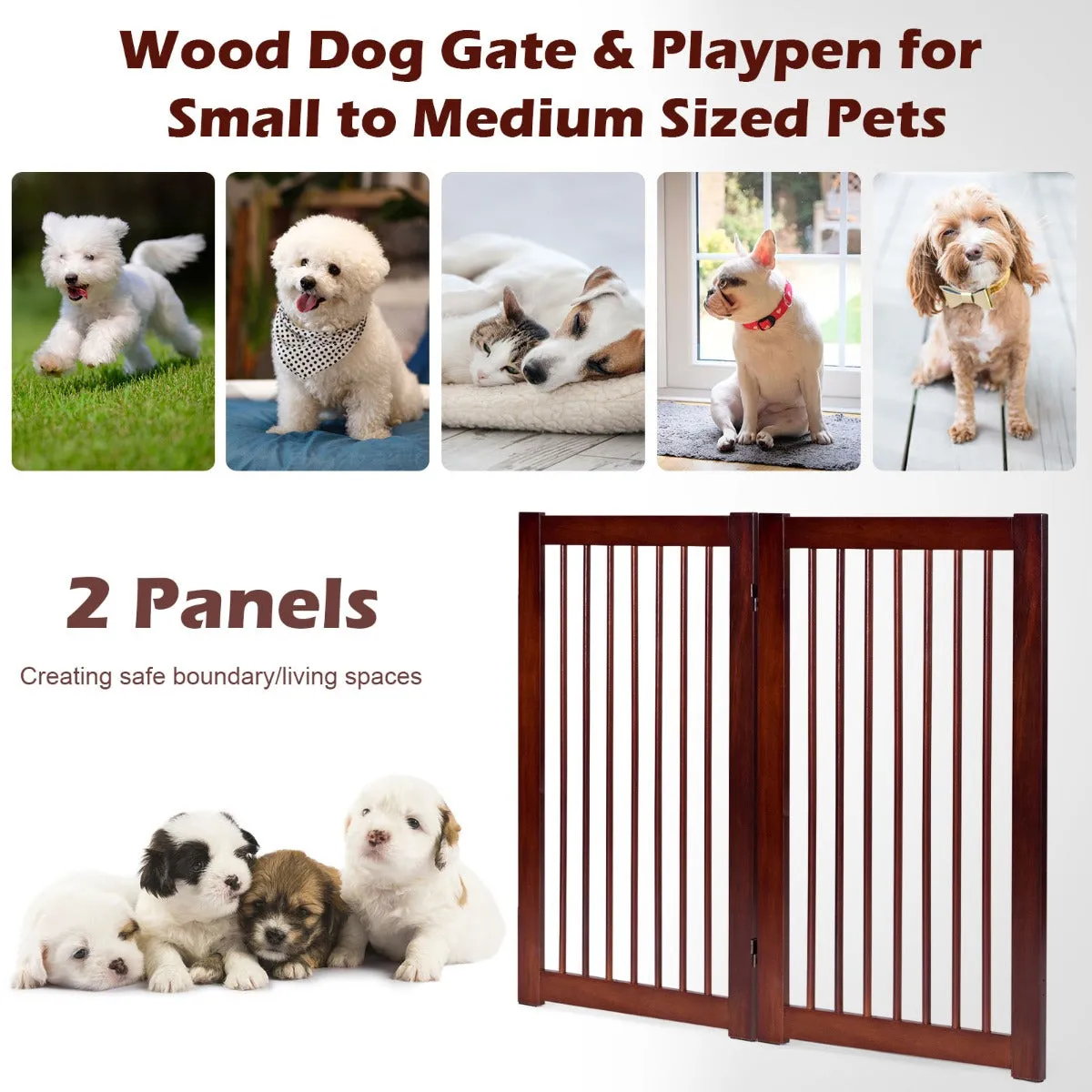 NNECW Wooden Folding Dog Gate with Non-Slip Foot Pads for Pets-2 panel