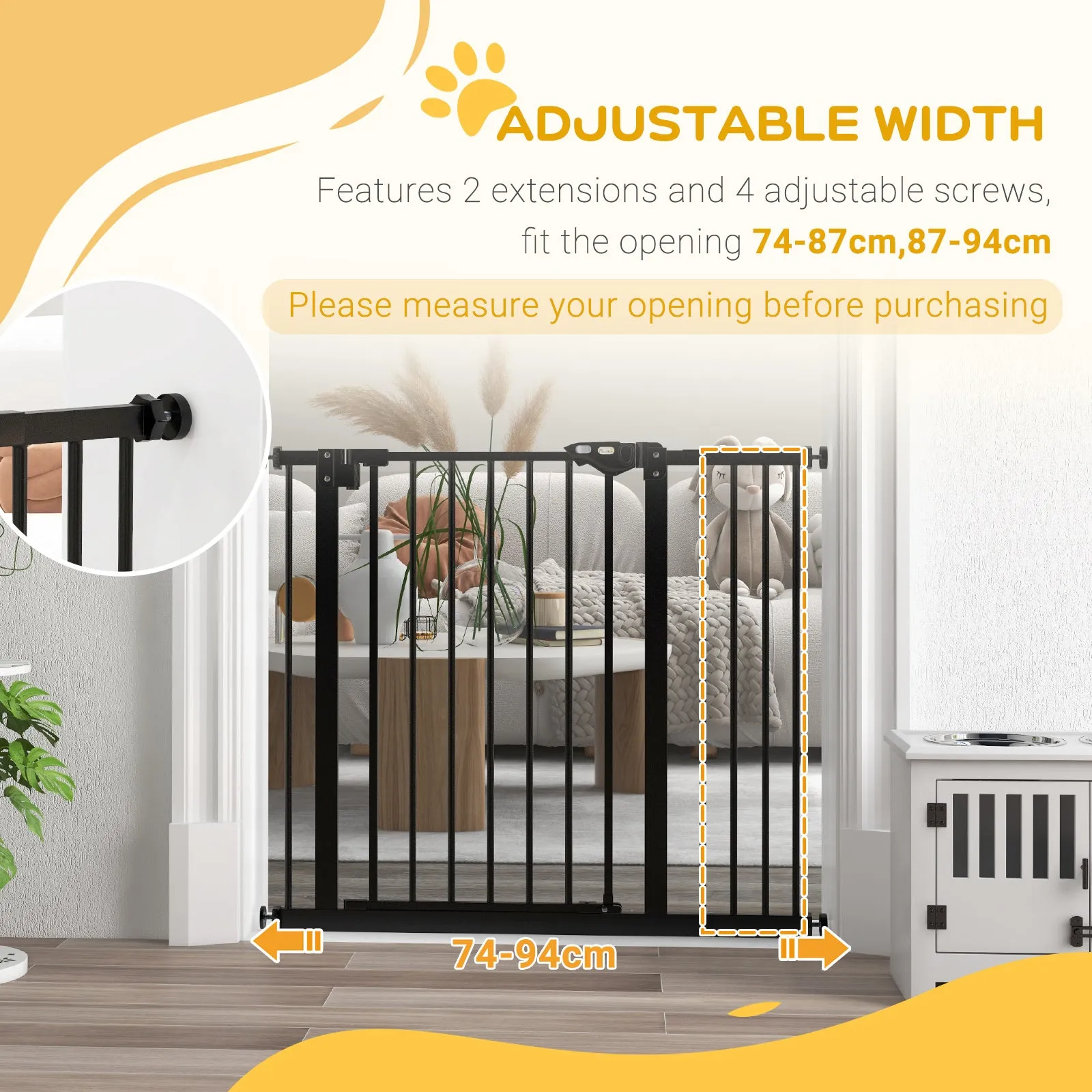 PawHut Adjustable Safety Gate w/ 1 Extensions and Four Adjustable Screws, Black