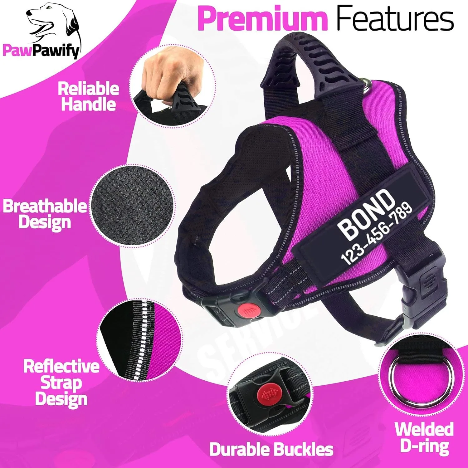 PawPawify Personalized No Pull Dog Harness with Custom Name and Phone Number,Heavy Duty Pet Vest to Prevent Tugging,Pulling,or Choking,Training and Walking,Pink,M Chest 24-31in