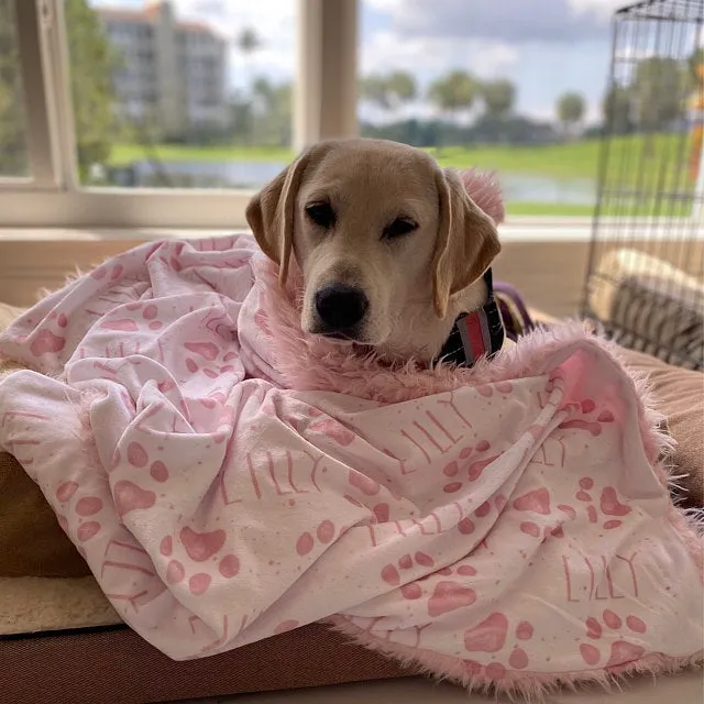 Pink Personalized Dog Paw Print Pet Blanket