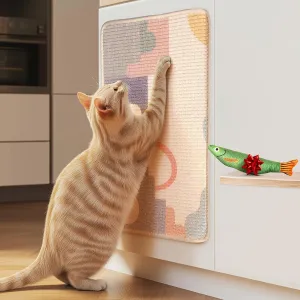 SCRATCHABLE Sisal Cat Scratcher, [  Catnip Fish Toy], Cat Wall Scratcher, Couch Protector from Cat Scratching, 24 X 15.8 with 12 Adhesive Velcro Stripes. (Modern)
