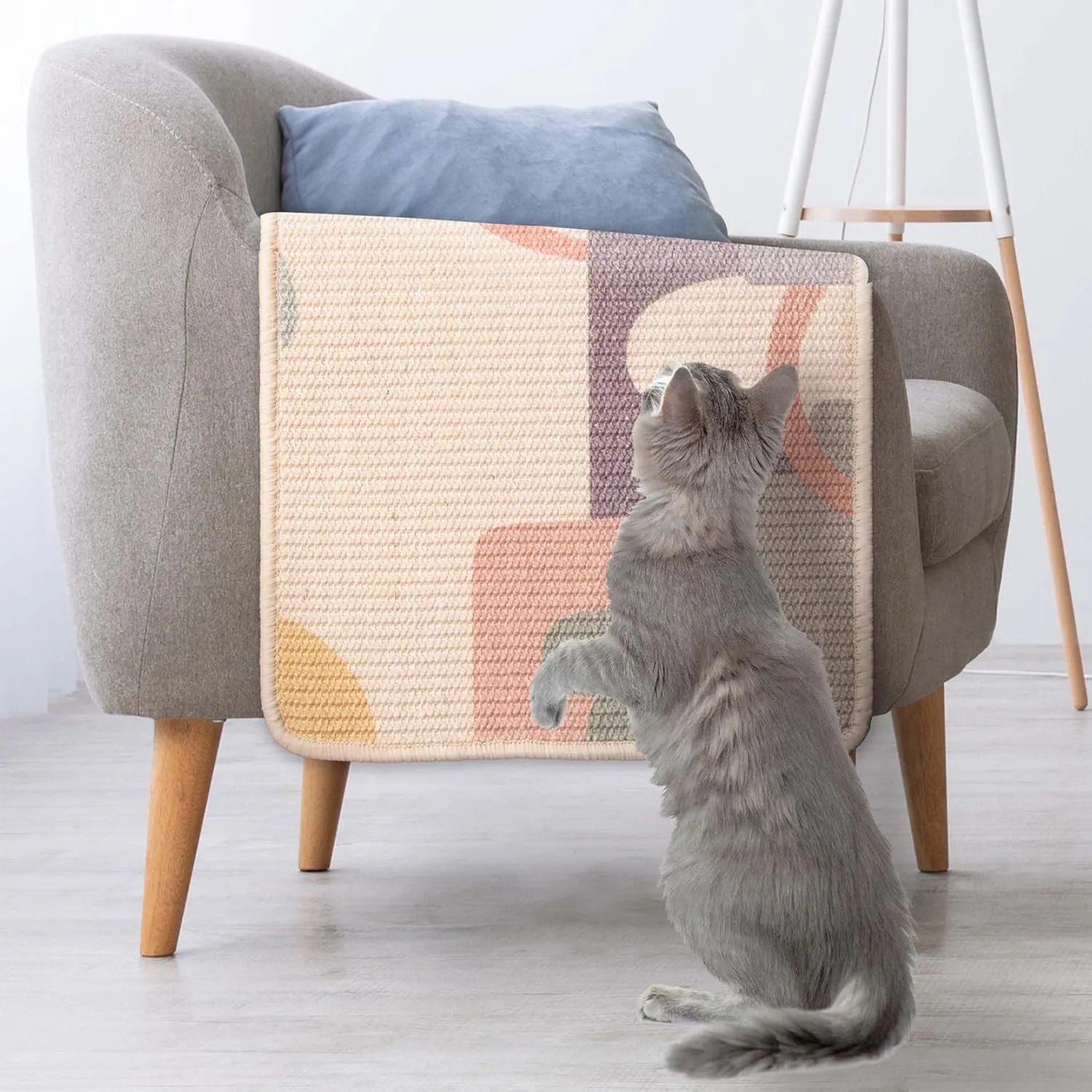 SCRATCHABLE Sisal Cat Scratcher, [  Catnip Fish Toy], Cat Wall Scratcher, Couch Protector from Cat Scratching, 24 X 15.8 with 12 Adhesive Velcro Stripes. (Modern)