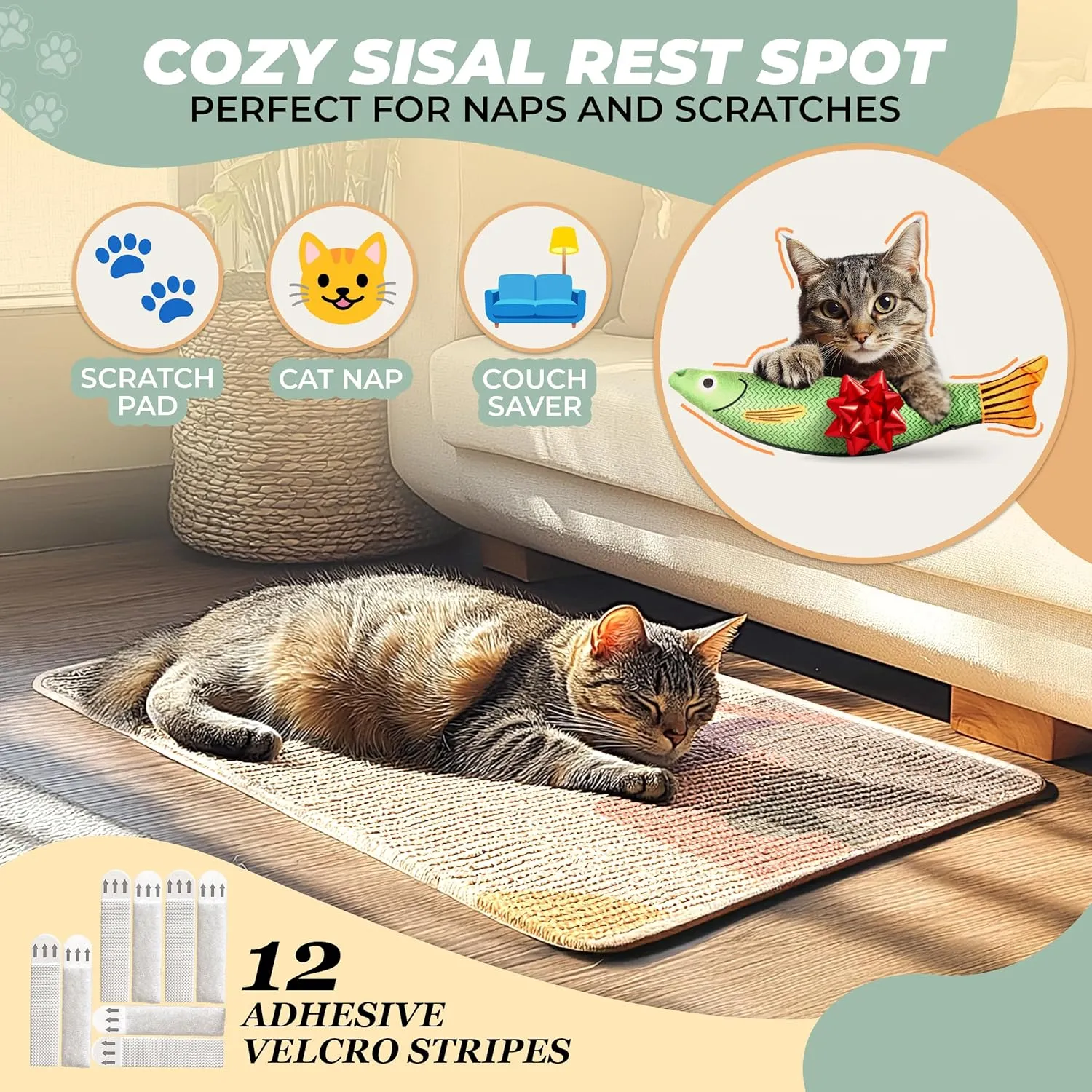 SCRATCHABLE Sisal Cat Scratcher, [  Catnip Fish Toy], Cat Wall Scratcher, Couch Protector from Cat Scratching, 24 X 15.8 with 12 Adhesive Velcro Stripes. (Modern)