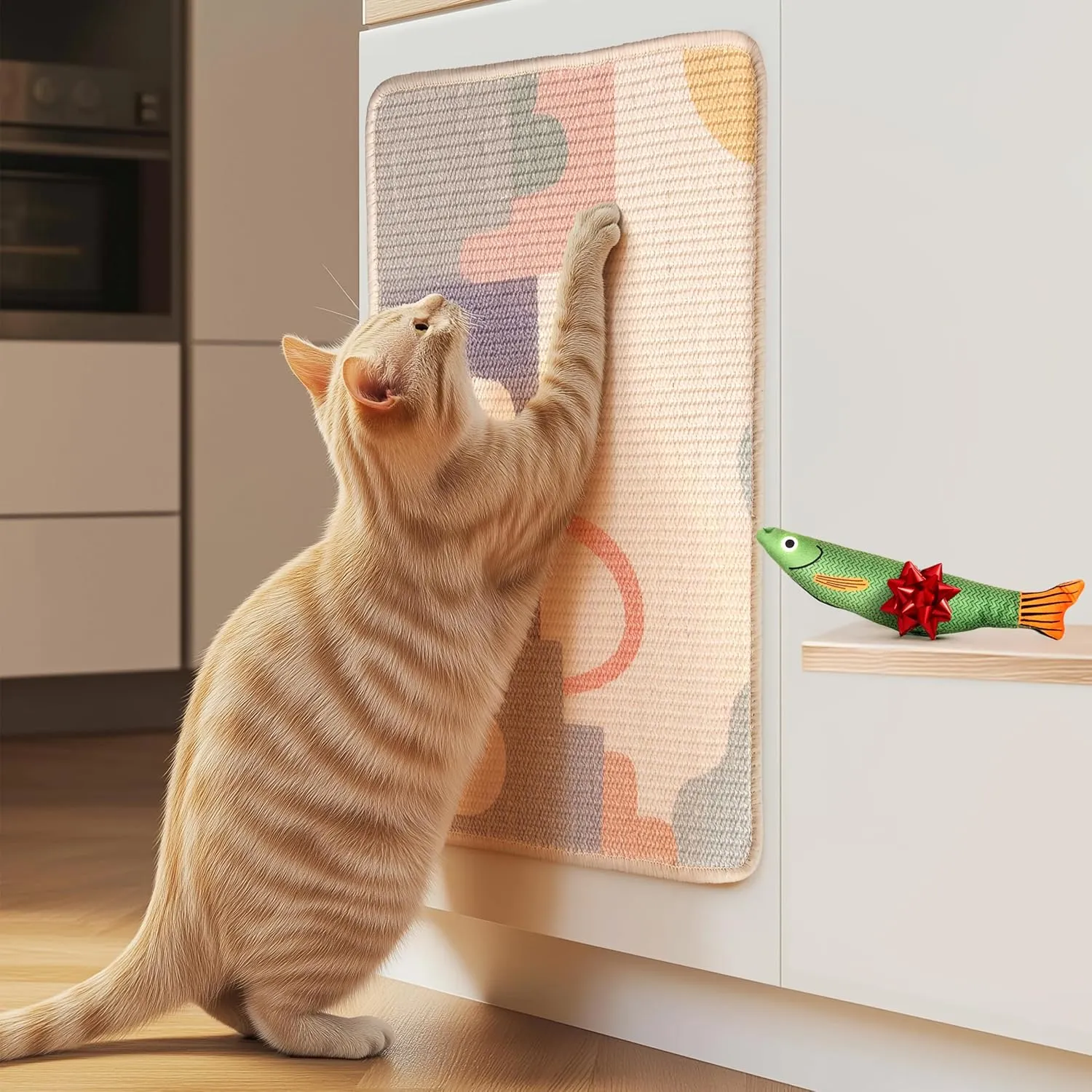 SCRATCHABLE Sisal Cat Scratcher, [  Catnip Fish Toy], Cat Wall Scratcher, Couch Protector from Cat Scratching, 24 X 15.8 with 12 Adhesive Velcro Stripes. (Modern)