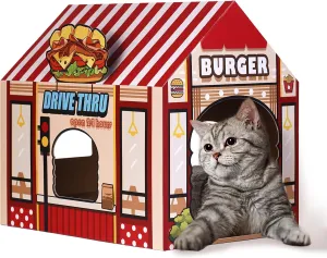 SEKAM Cardboard Cat House with Scratcher/Catnip,(16.5''x12''x15'') Burger Shop for Indoor/Outdoor Cats,Cat Play House&Home Decor,Cat Scratch Toy,Hideout for Bunny&Small Animals