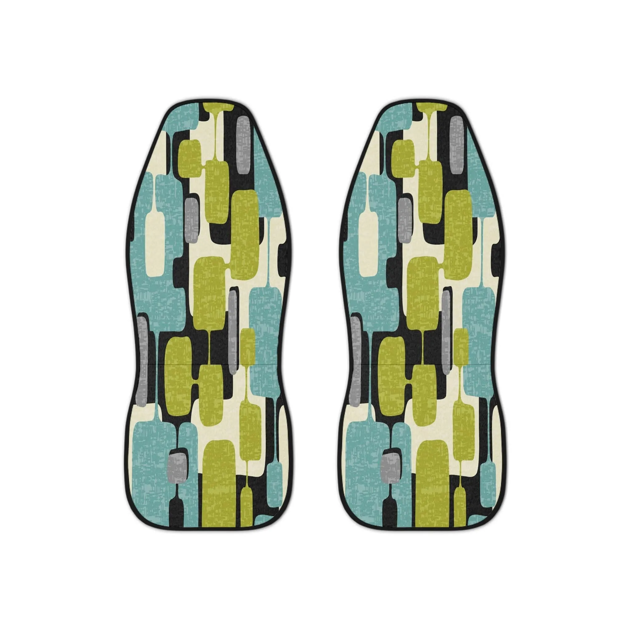 Set of 2 Mid Century Modern Geometric Car Seat Covers in Aqua Blue, Lime Green, Gray, and Cream