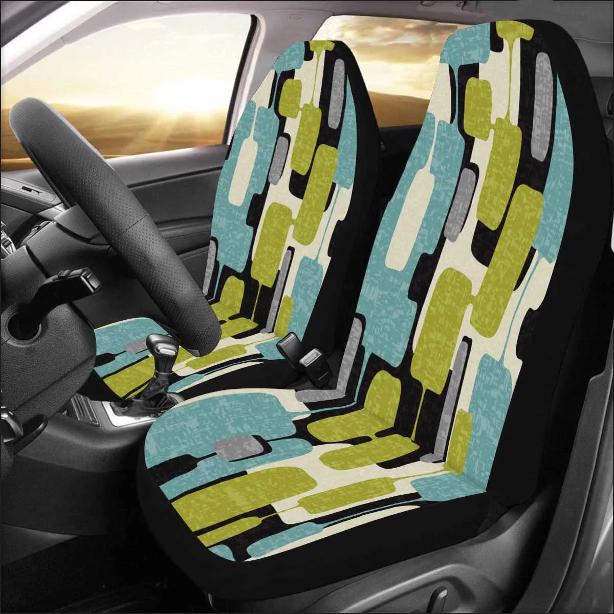 Set of 2 Mid Century Modern Geometric Car Seat Covers in Aqua Blue, Lime Green, Gray, and Cream