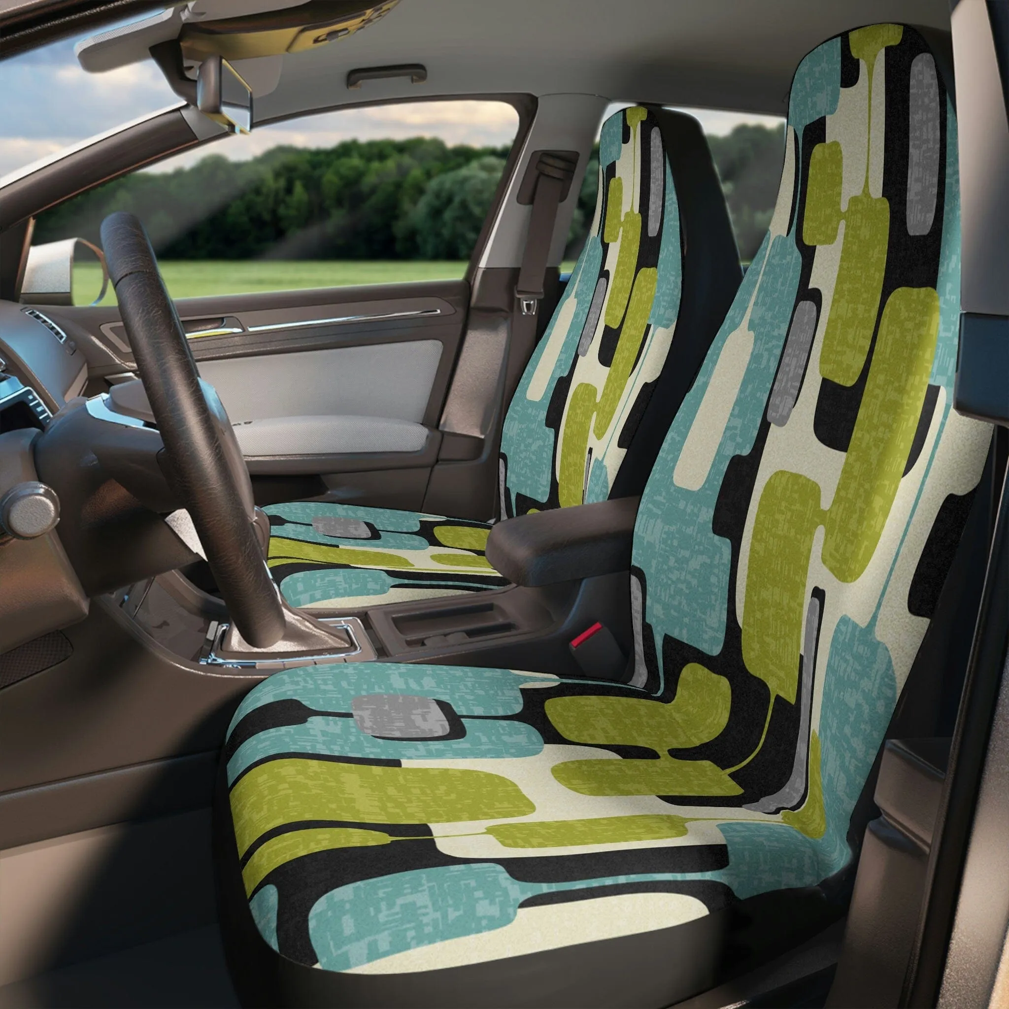 Set of 2 Mid Century Modern Geometric Car Seat Covers in Aqua Blue, Lime Green, Gray, and Cream