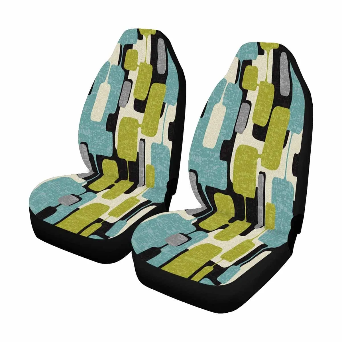 Set of 2 Mid Century Modern Geometric Car Seat Covers in Aqua Blue, Lime Green, Gray, and Cream