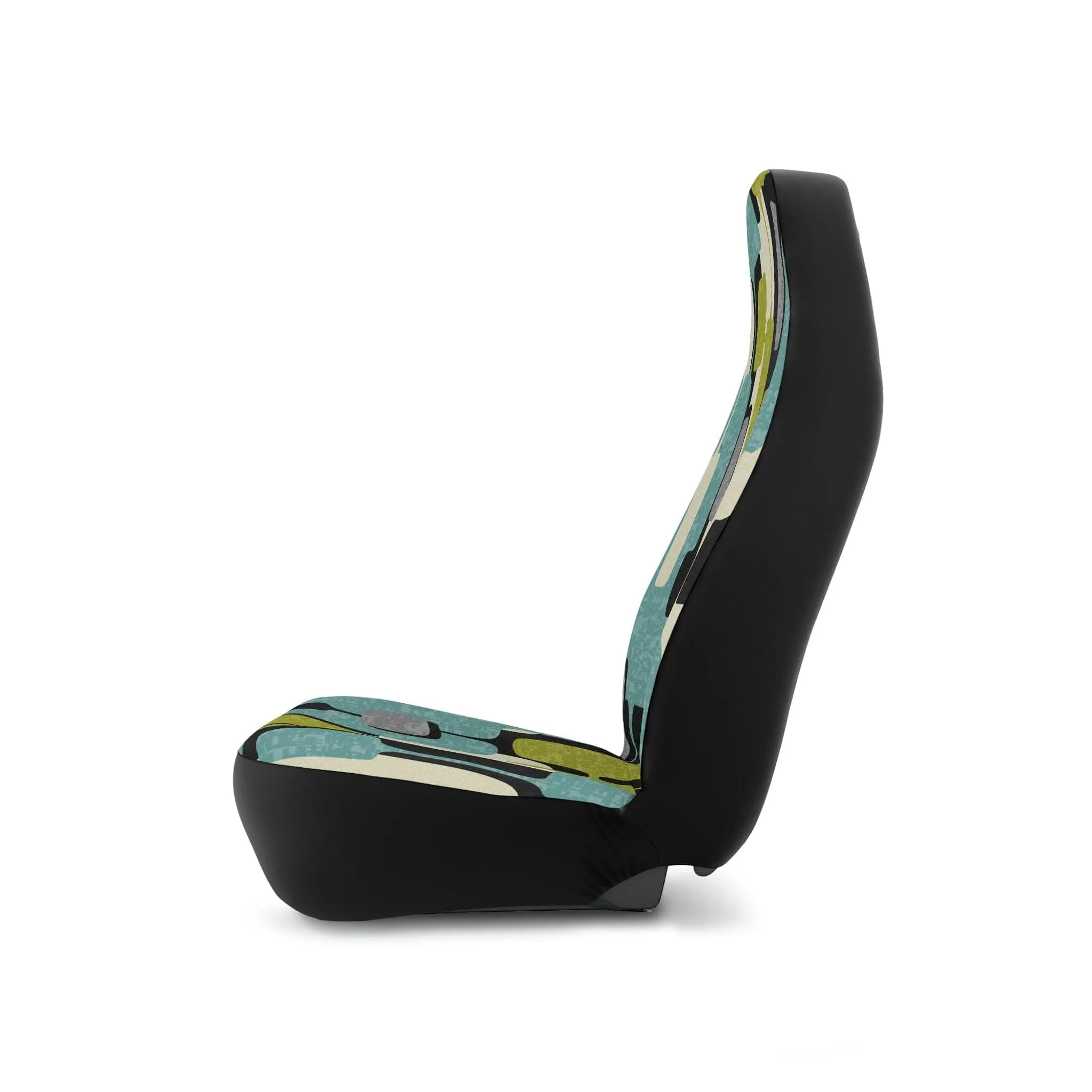 Set of 2 Mid Century Modern Geometric Car Seat Covers in Aqua Blue, Lime Green, Gray, and Cream