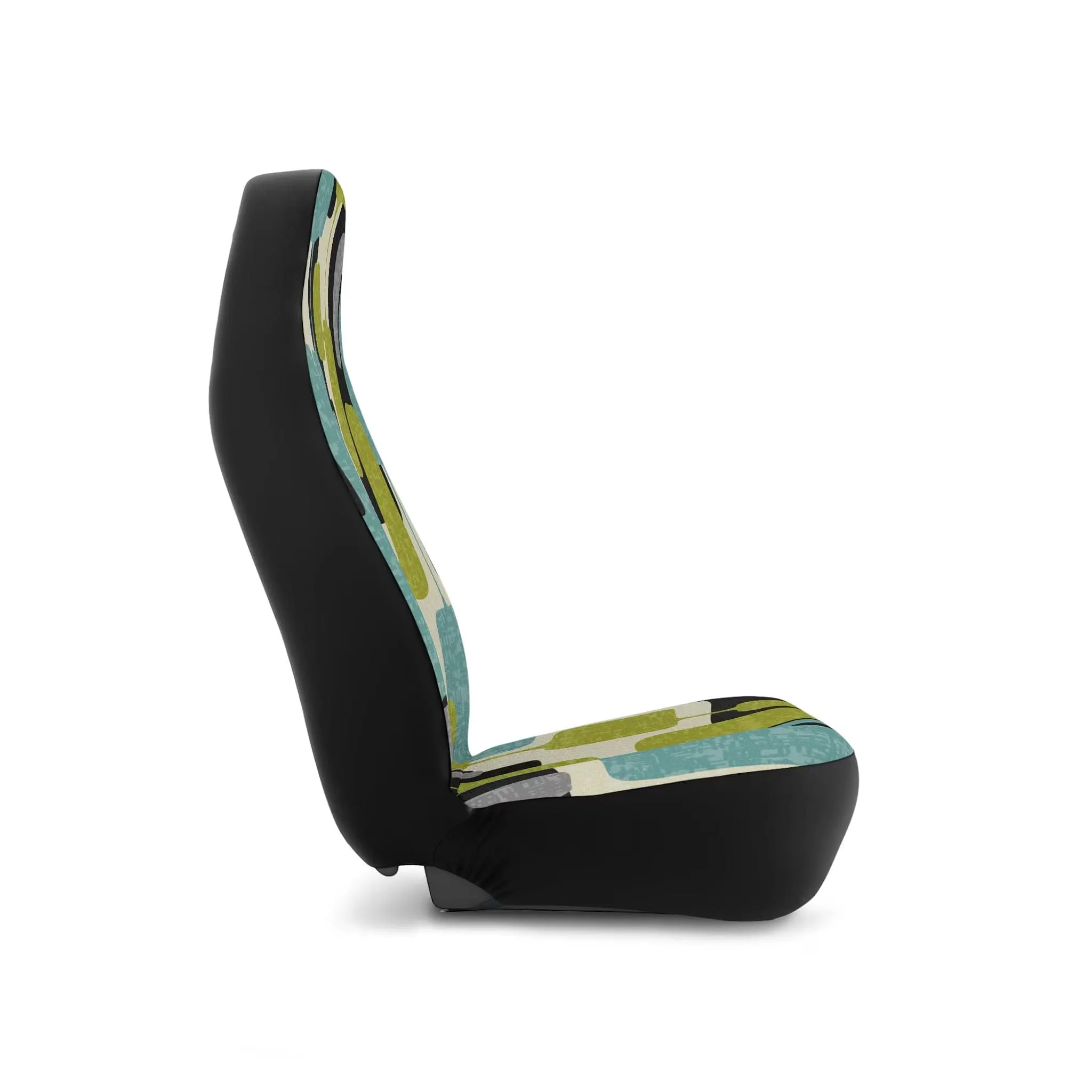 Set of 2 Mid Century Modern Geometric Car Seat Covers in Aqua Blue, Lime Green, Gray, and Cream