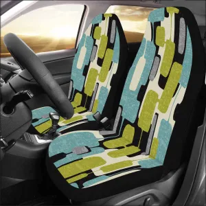 Set of 2 Mid Century Modern Geometric Car Seat Covers in Aqua Blue, Lime Green, Gray, and Cream