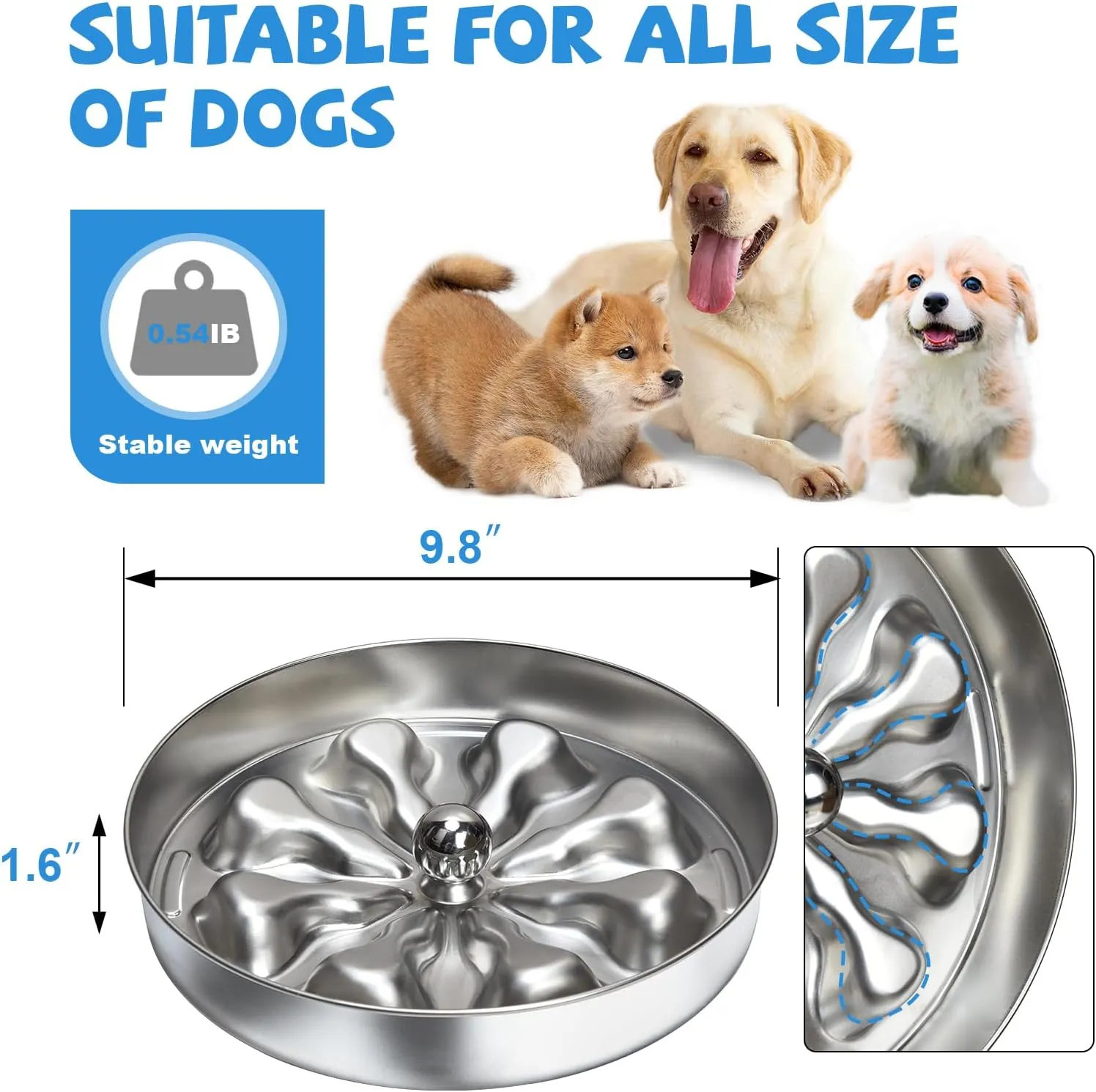 Slow Feeder Dog Bowls, Non-Slip Metal Food Bowls, 304 Stainless Steel Water Bowl, Bones Design Dog Slow Feeder Bowl for Small Medium Large Dogs