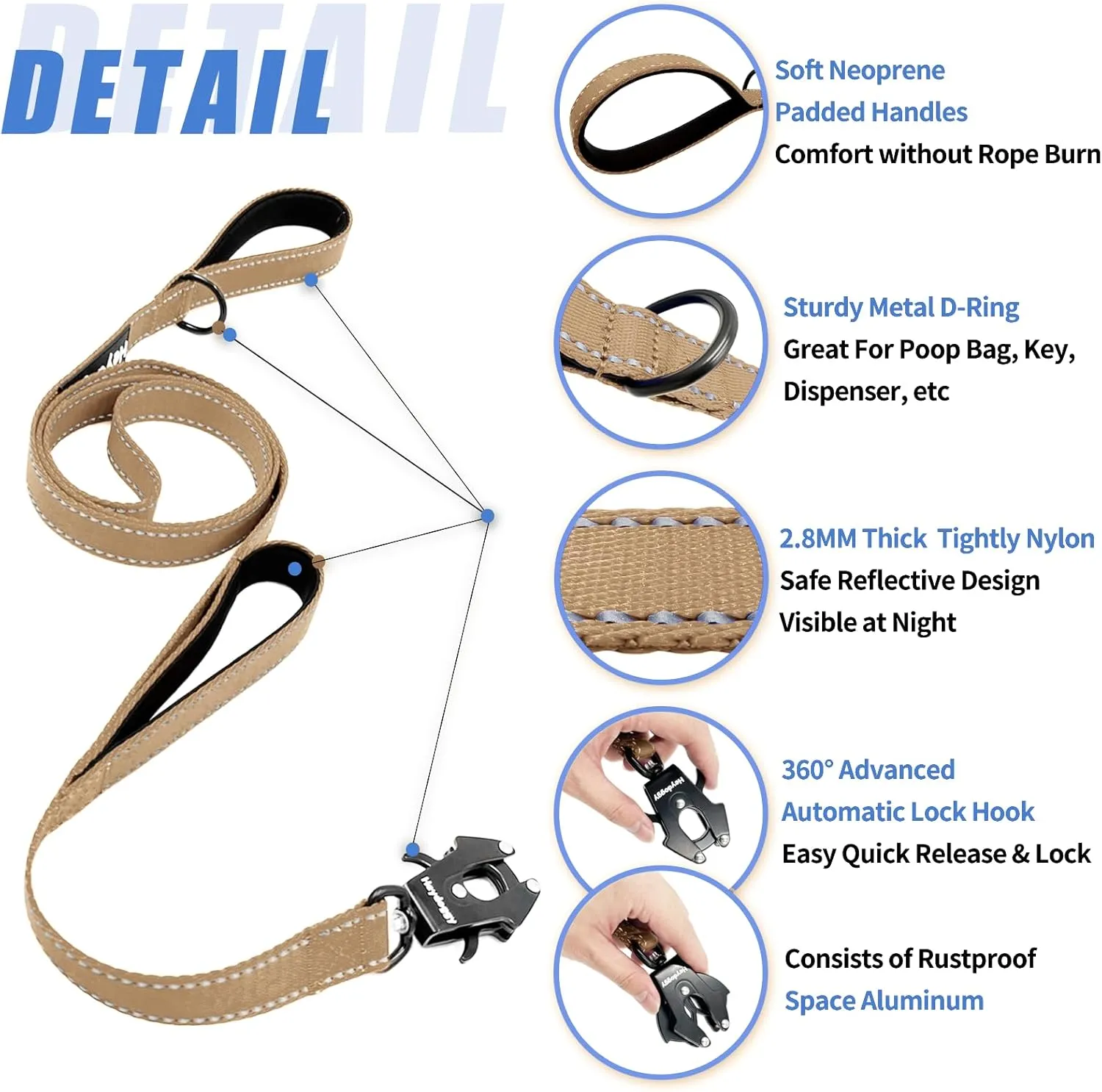 Strong Heavy Duty Dog Leash - 5ft Reflective Nylon Training Leash with Soft Padded Double Handle & Auto Lock Frog Clip - Safety Traffic Control for Large Medium Small Dogs No Pull Walk Khaki,6ft