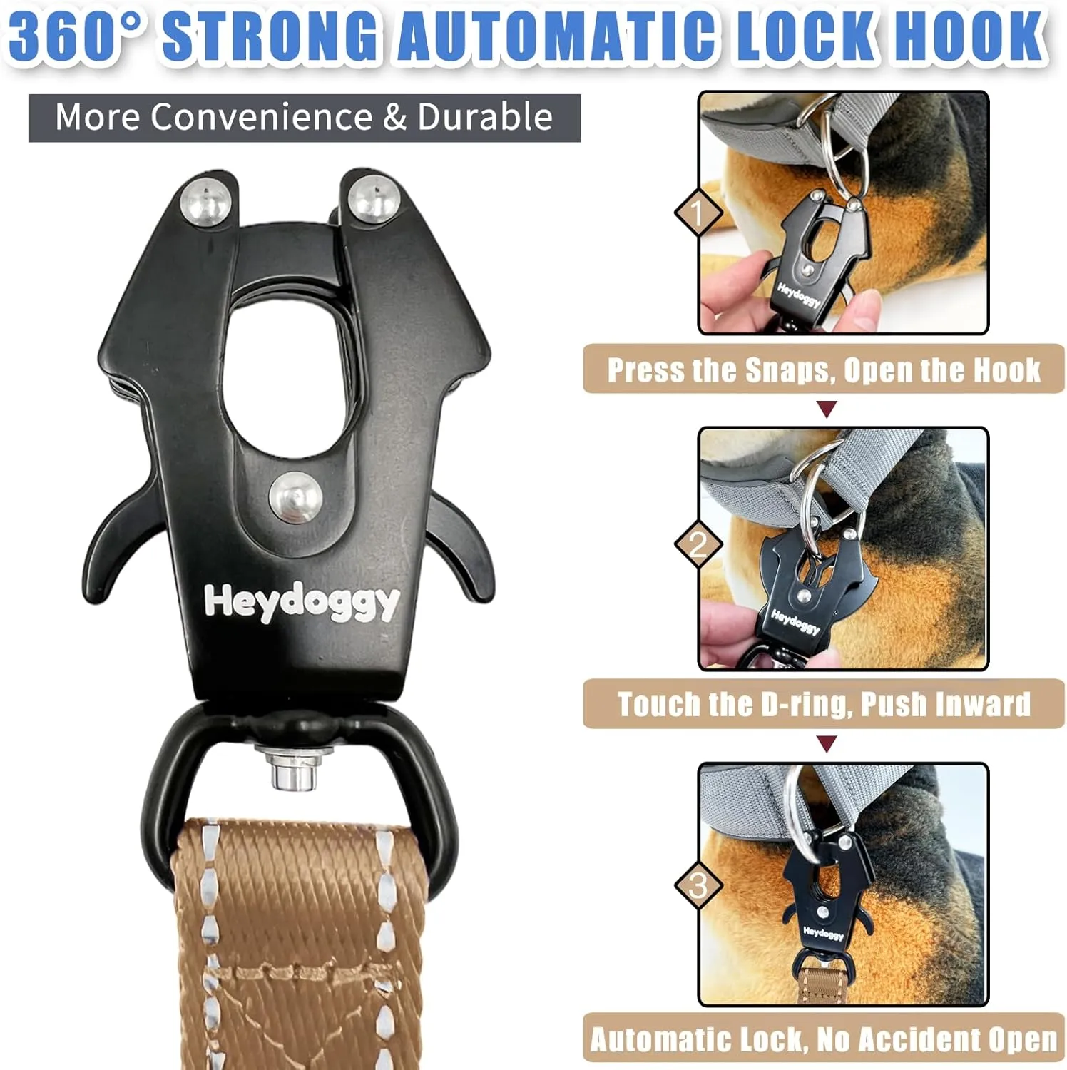 Strong Heavy Duty Dog Leash - 5ft Reflective Nylon Training Leash with Soft Padded Double Handle & Auto Lock Frog Clip - Safety Traffic Control for Large Medium Small Dogs No Pull Walk Khaki,6ft