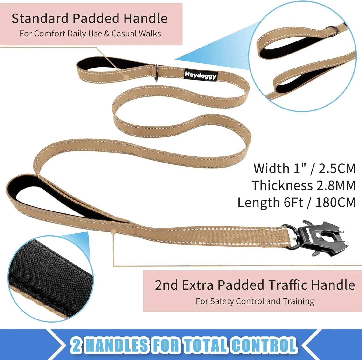 Strong Heavy Duty Dog Leash - 5ft Reflective Nylon Training Leash with Soft Padded Double Handle & Auto Lock Frog Clip - Safety Traffic Control for Large Medium Small Dogs No Pull Walk Khaki,6ft