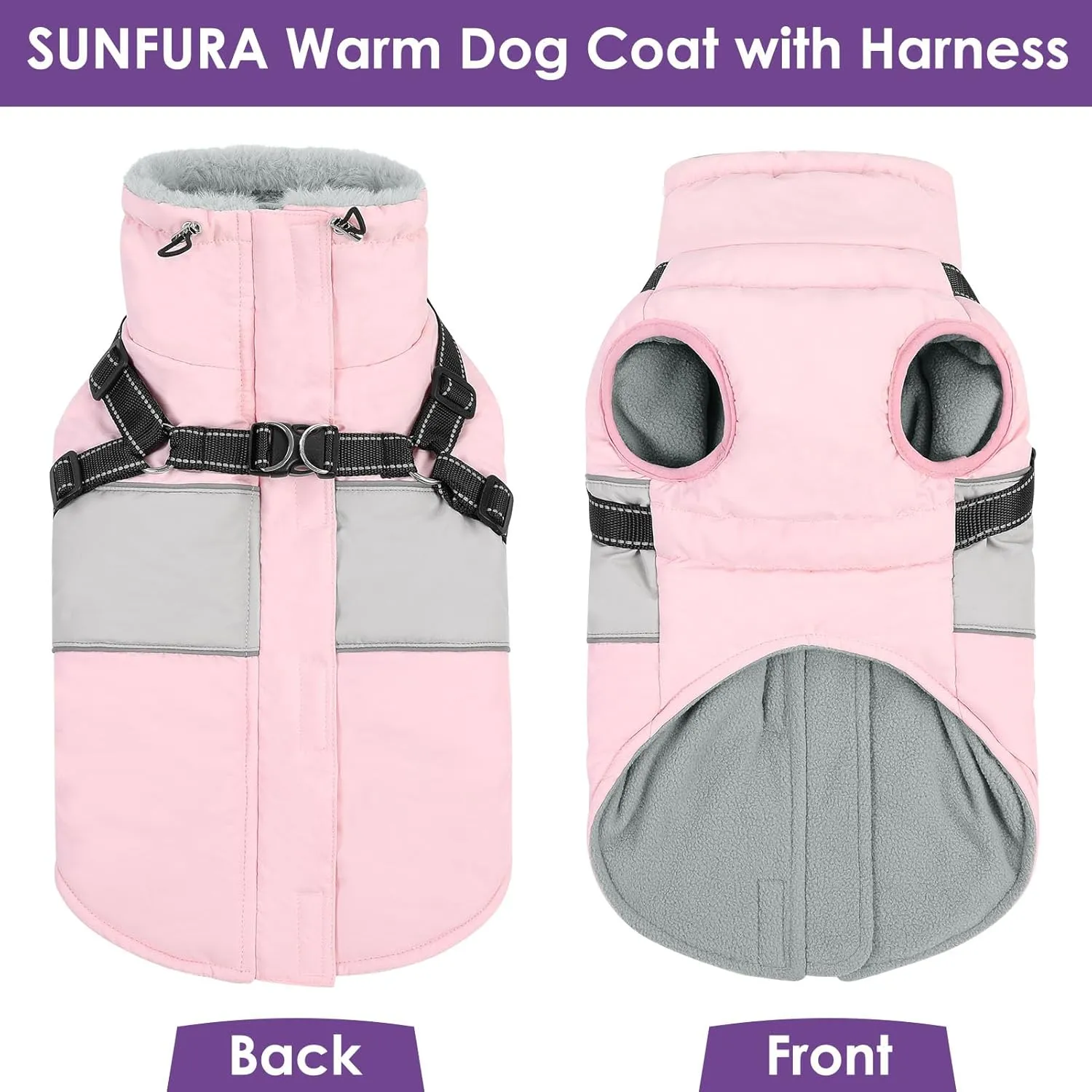 SUNFURA Dog Coat for Large Dogs, Warm Pet Jacket Winter with Harness Built in, Waterproof Pet Snow Jacket with Furry Collar, Reflective Fleece Snowsuit for Extra Large Breeds, Pink XL