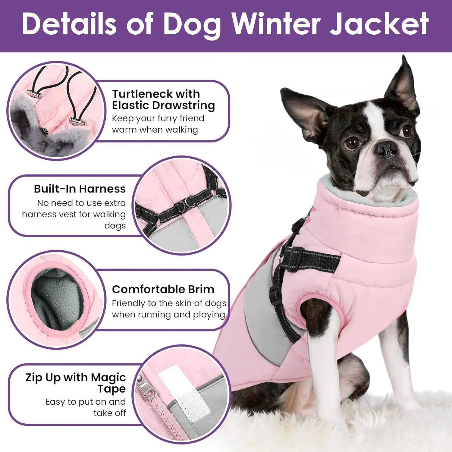 SUNFURA Dog Coat for Large Dogs, Warm Pet Jacket Winter with Harness Built in, Waterproof Pet Snow Jacket with Furry Collar, Reflective Fleece Snowsuit for Extra Large Breeds, Pink XL