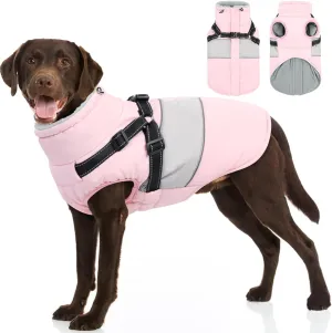 SUNFURA Dog Coat for Large Dogs, Warm Pet Jacket Winter with Harness Built in, Waterproof Pet Snow Jacket with Furry Collar, Reflective Fleece Snowsuit for Extra Large Breeds, Pink XL