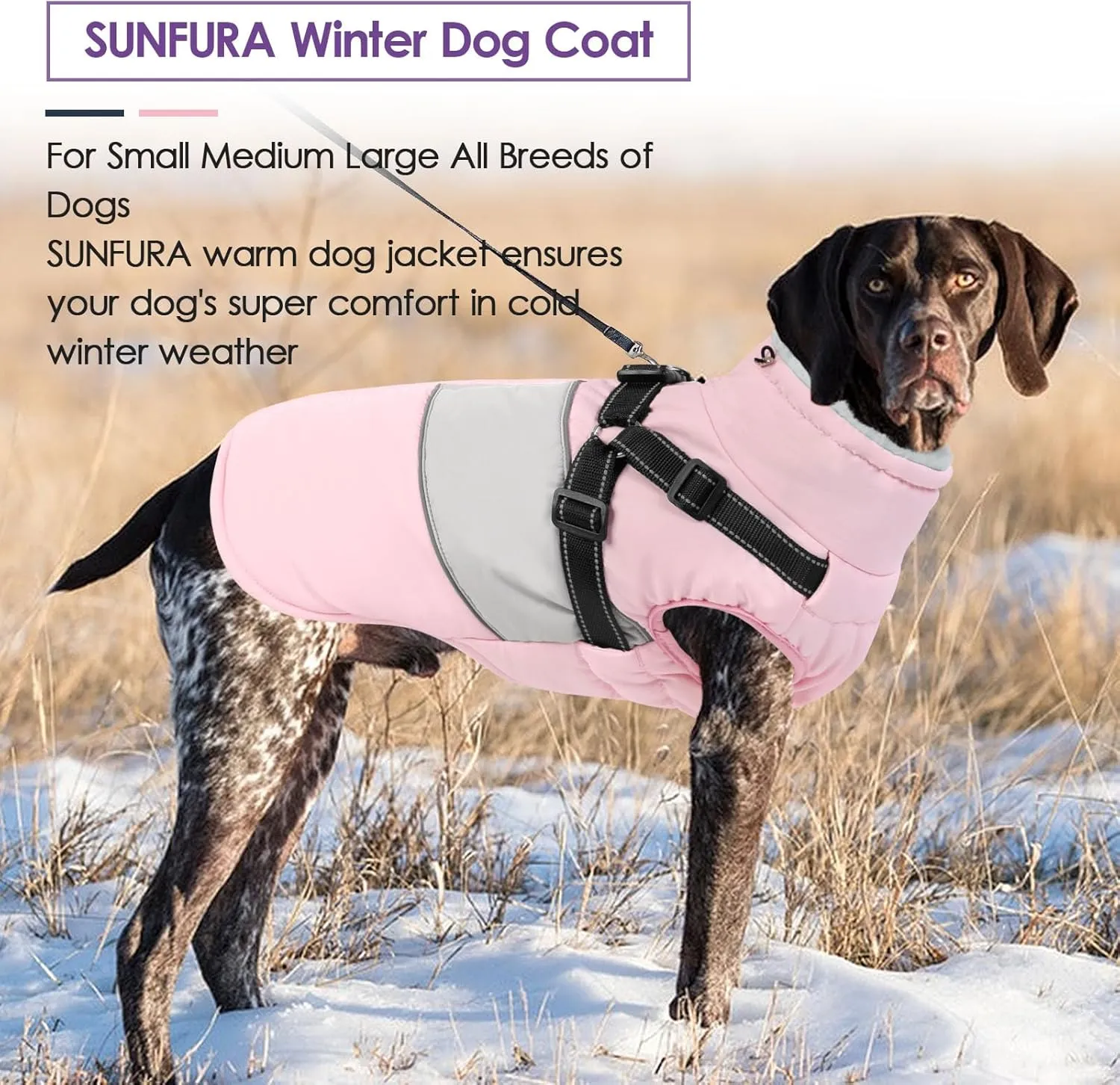 SUNFURA Dog Coat for Large Dogs, Warm Pet Jacket Winter with Harness Built in, Waterproof Pet Snow Jacket with Furry Collar, Reflective Fleece Snowsuit for Extra Large Breeds, Pink XL