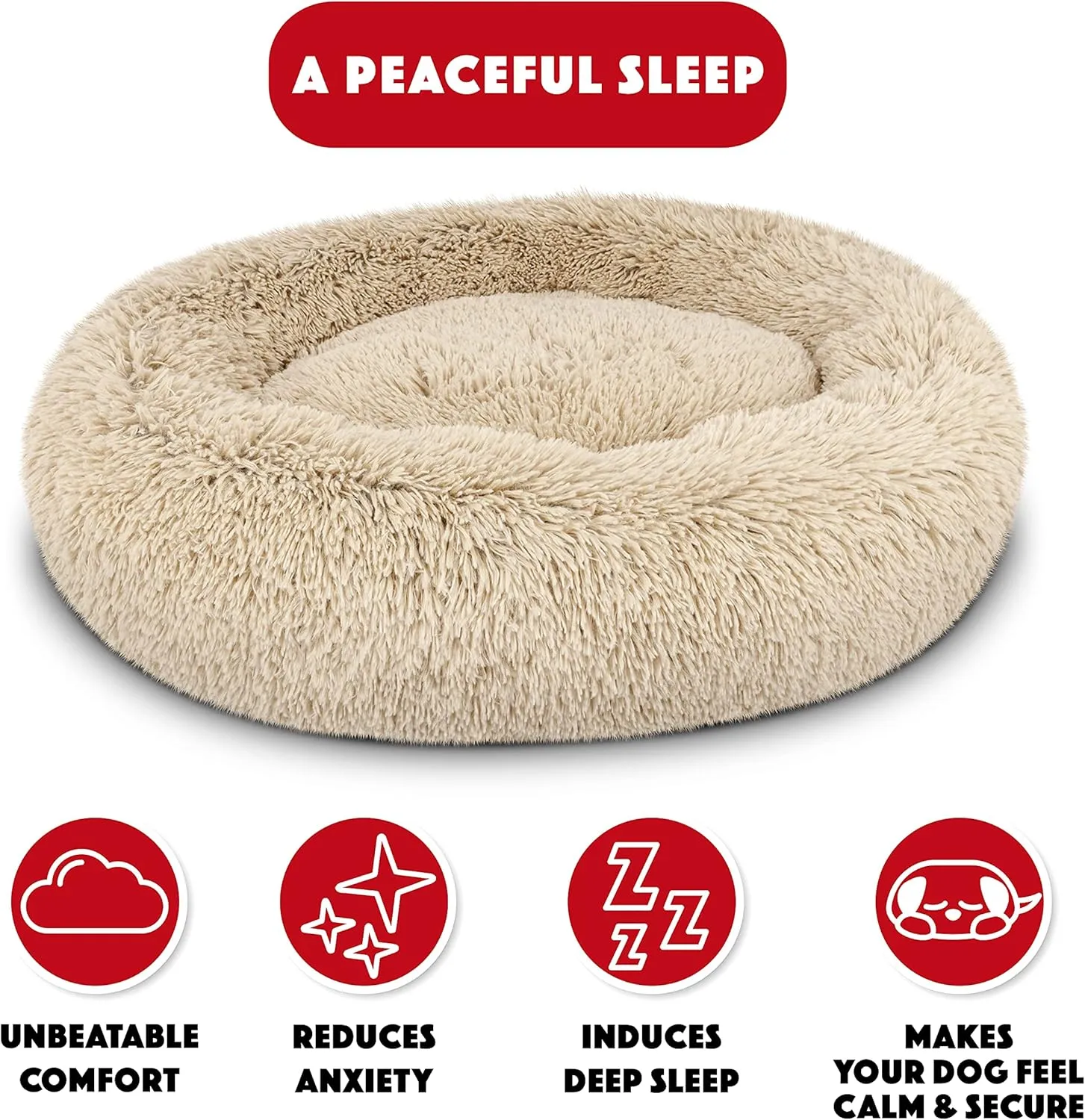 The Dogs Bed Sound Sleep Donut Dog Bed, Med Dog Beige Fur Calming Nest Bed, Veterinary Approved