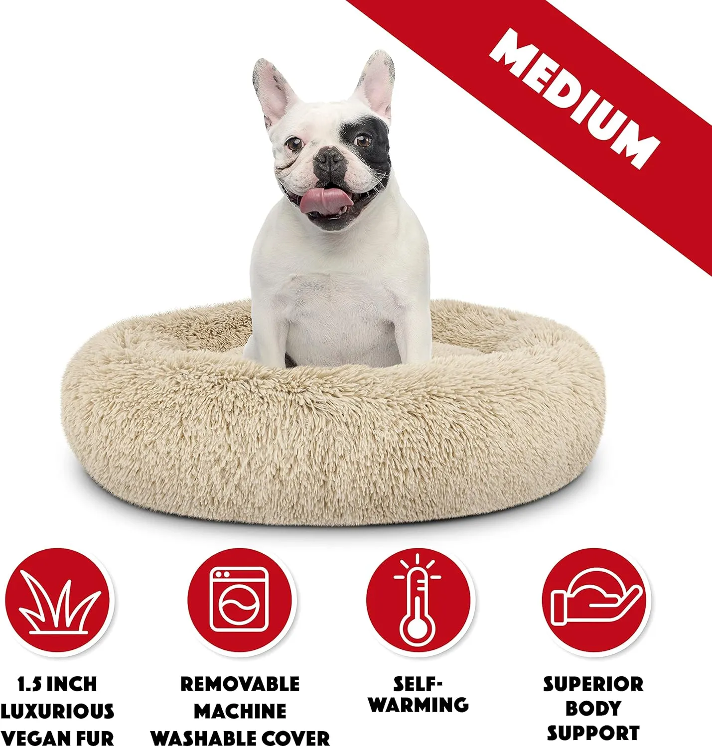 The Dogs Bed Sound Sleep Donut Dog Bed, Med Dog Beige Fur Calming Nest Bed, Veterinary Approved