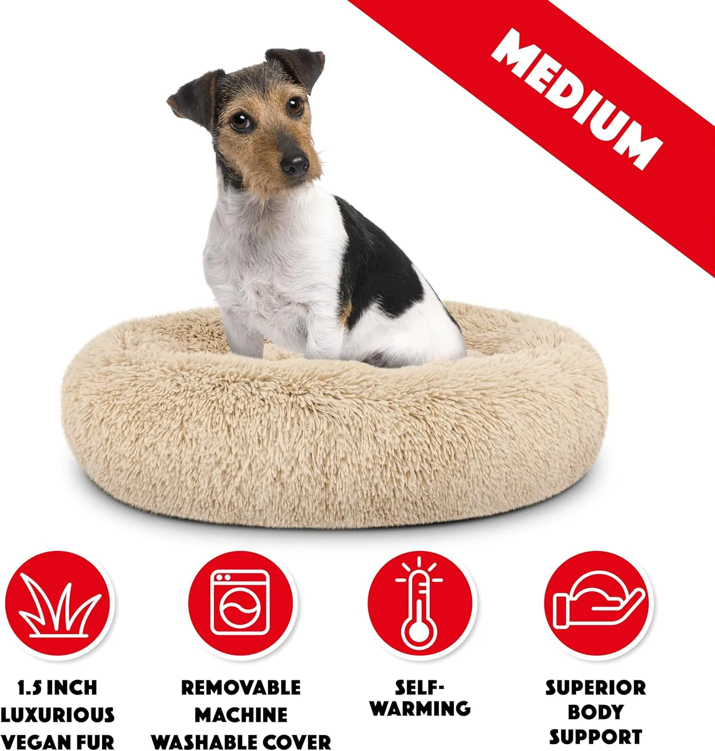The Dogs Bed Sound Sleep Donut Dog Bed, Med Dog Beige Fur Calming Nest Bed, Veterinary Approved
