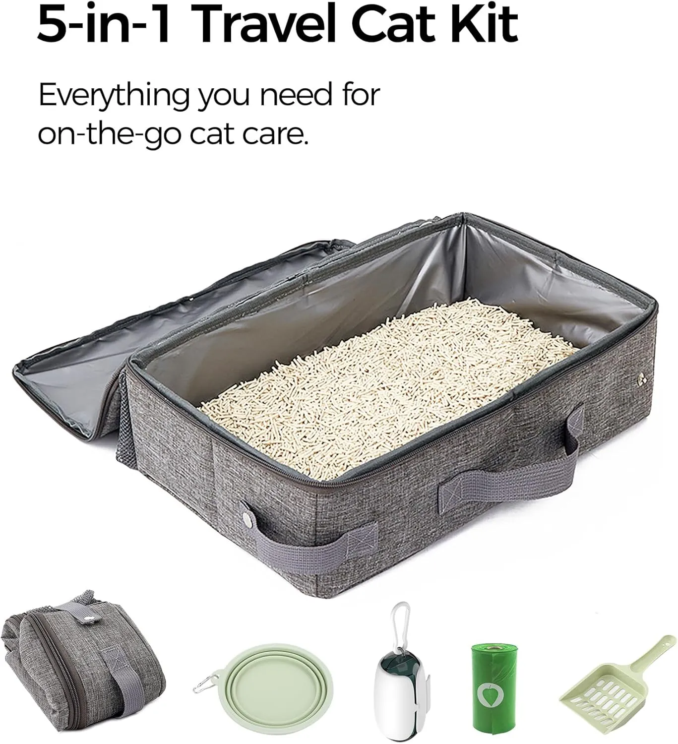 Travel Litter Box for Cats, Leak-Proof, Odor Control, Easy Cleaning, Portable Collapsible with Lid, Grey, L