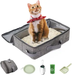 Travel Litter Box for Cats, Leak-Proof, Odor Control, Easy Cleaning, Portable Collapsible with Lid, Grey, L