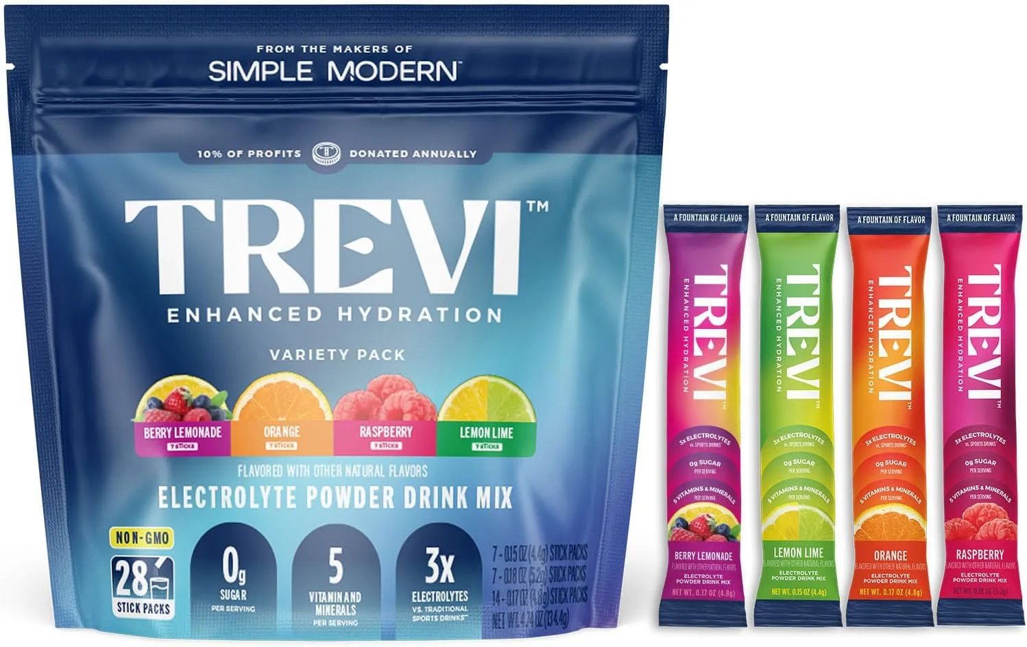 Trevi Sugar Free Electrolytes - Drink Mix Hydration Powder Packets - 28 Count - Variety Pack 1